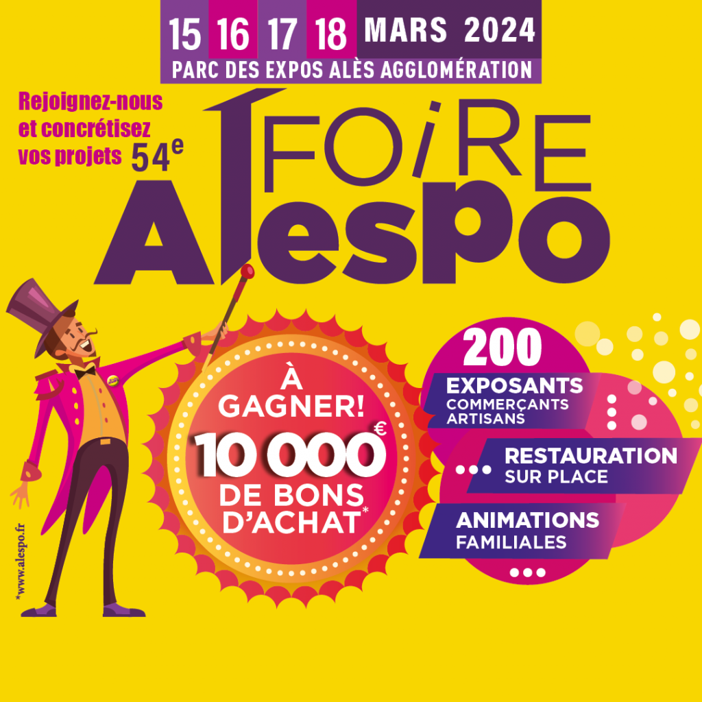 TOUJOURS VERT, le spécialiste du Gazon Synthétique sera présent pour la 54 -ème FOIRE D’ALES « ALESPO » du vendredi 15 Mars au Lundi 18 Mars 2024